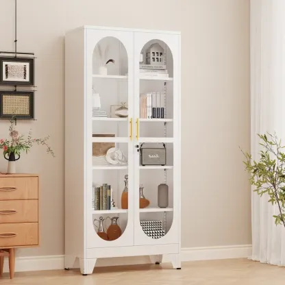 Vitrina metálica resistente de 180 cm de altura con puerta de cristal con cerradura, mueble de cinco niveles con cuatro estantes ajustables, ideal para bar en casa y almacenamiento de utensilios para vajilla, objetos de colección y archivos.