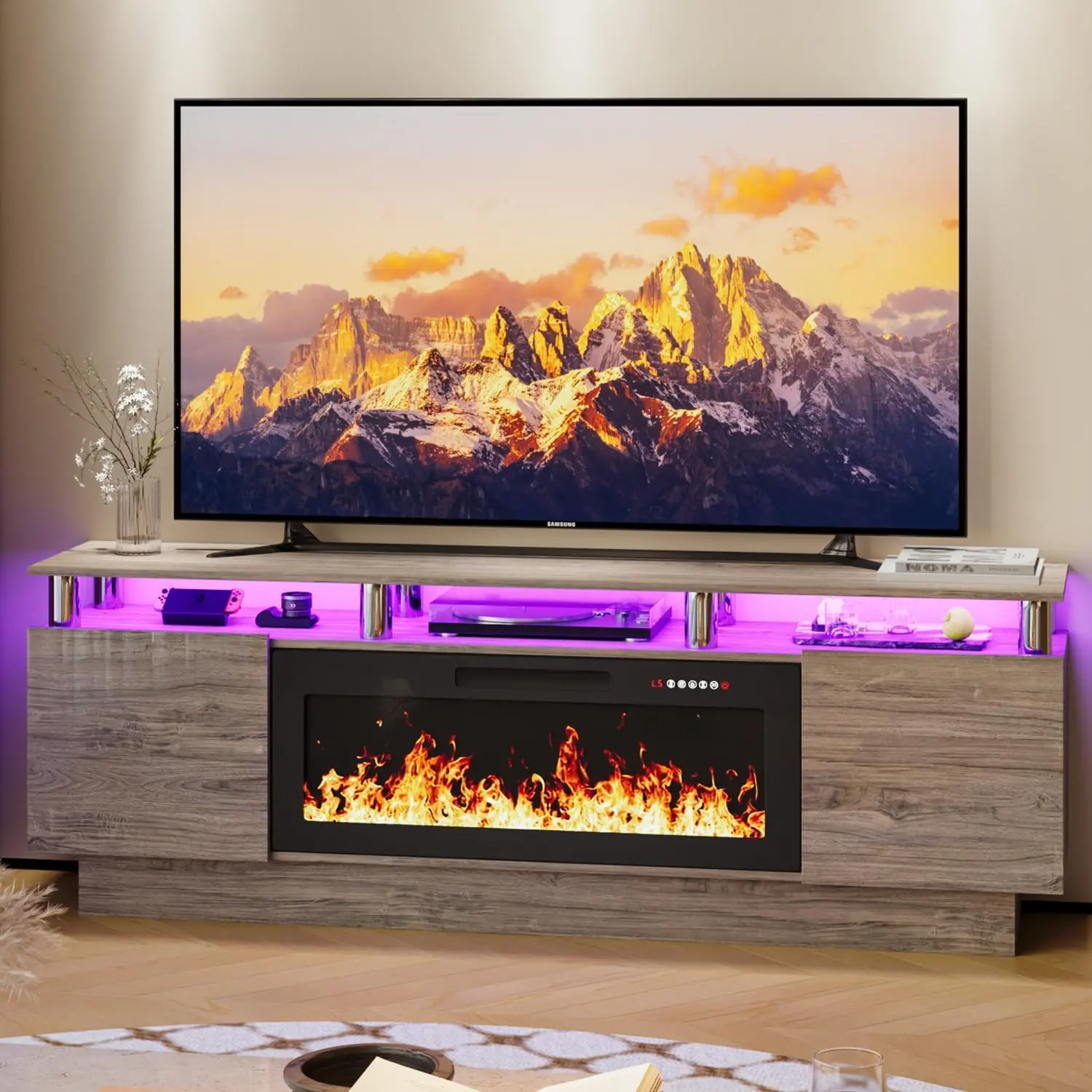 PUKAMI 70 Inches Fireplace TV Stand for TVs up to 80 Inches Console with 36'' Electric Fireplace & Remote, Wooden Modern Entertainment Center for Living Room, Tv Shelf, Room Decor,dorm essentials,home decor