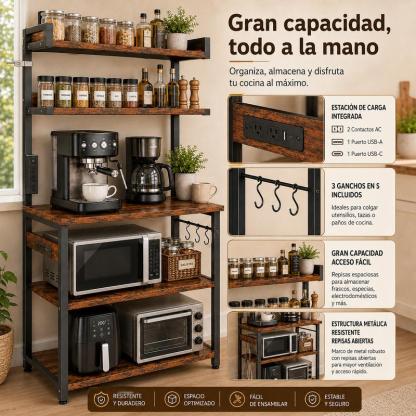 Estante Organizador Para Cocina De 5 Niveles Con Enchufes Estante De Microondas, Mueble para Microondas , Estante Para Cocina De 5 Niveles, Organizador de Cocina Con Enchufes , Mueble Multiusos de Cocina con 3 Ganchos
