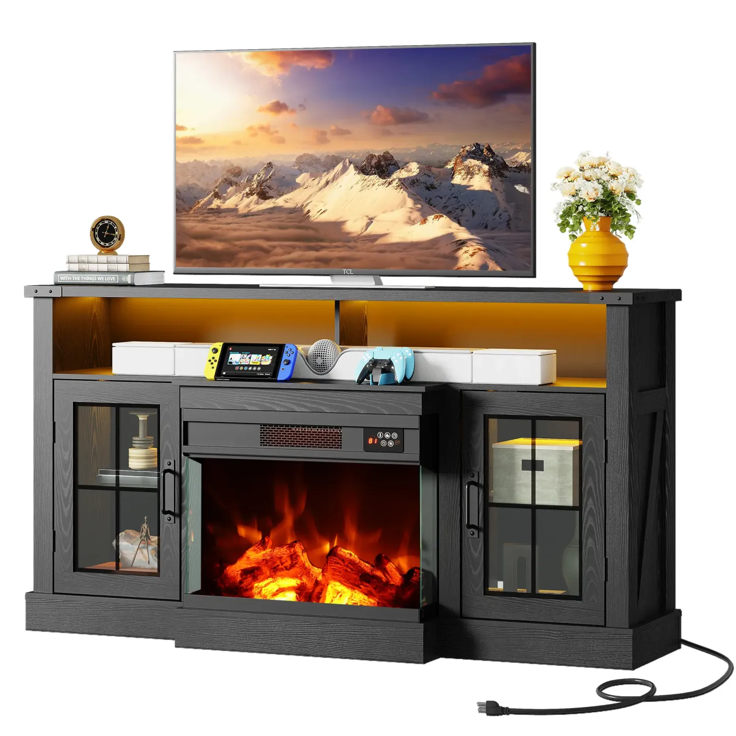 Mueble para TV WLIVE con chimenea eléctrica y vidrio en 3 lados para televisores de 65 pulgadas; centro de entretenimiento con 14 colores de llama y gabinetes de almacenamiento con iluminación LED ajustable; consola multimedia estilo rústico para sala de