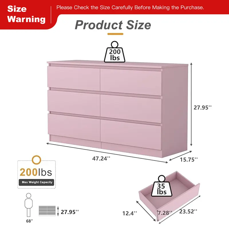 Cómoda moderna Spaco de 6 cajones para dormitorio (blanca): mueble ancho de madera con cajones profundos de deslizamiento suave; mueble de almacenamiento grande para interiores, ideal para apartamentos y decoración del hogar.