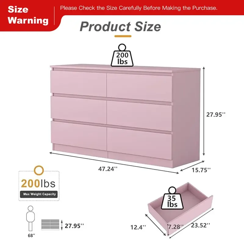 Cómoda moderna Spaco de 6 cajones para dormitorio (blanca): mueble ancho de madera con cajones profundos de deslizamiento suave; mueble de almacenamiento grande para interiores, ideal para apartamentos y decoración del hogar.
