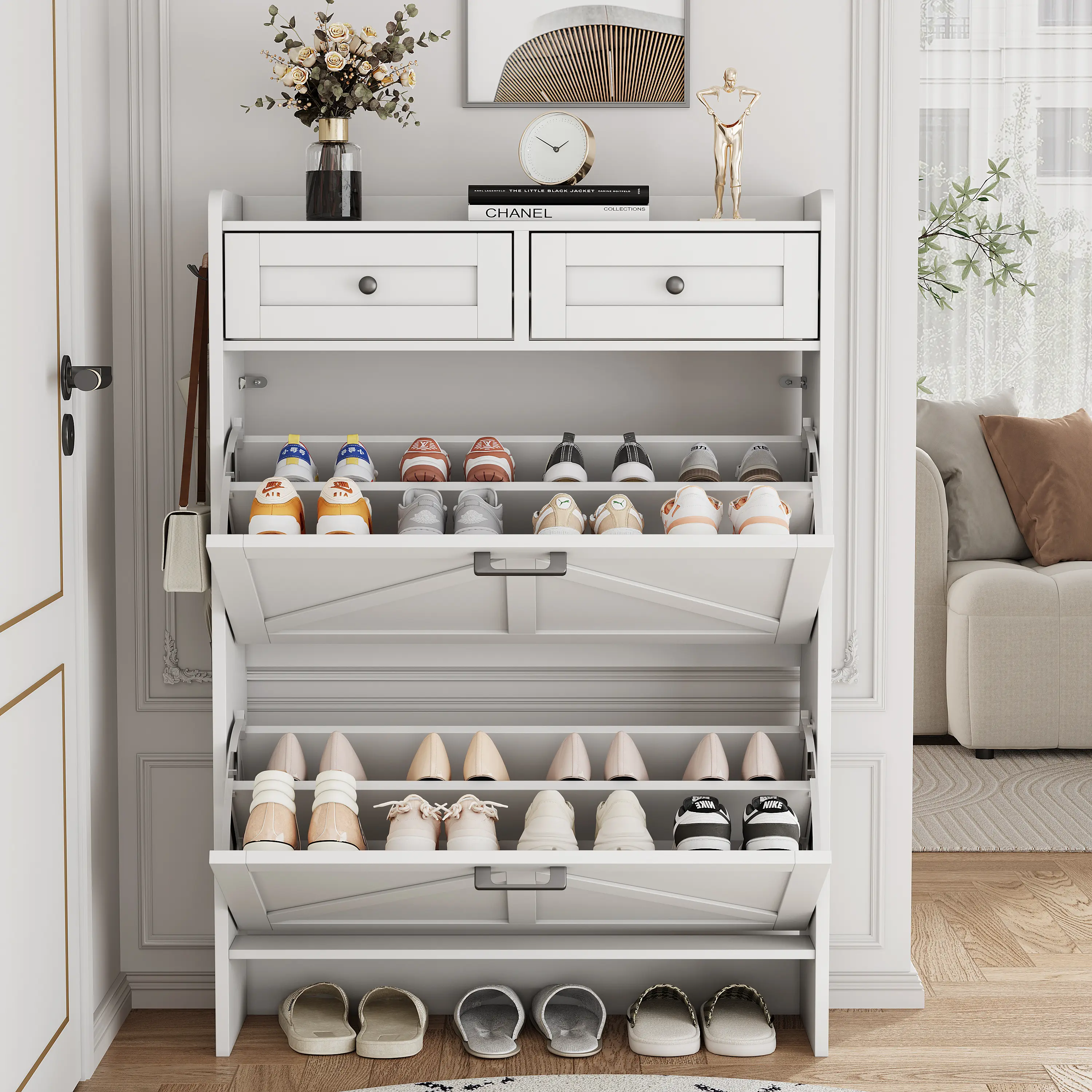 Mueble zapatero para entrada, zapatero estrecho estilo rústico con 2 cajones abatibles y cajones superiores, estantes ajustables y ganchos; organizador independiente con almacenamiento oculto para pasillo o recibidor. Ideas de regalo para el Día del Padre