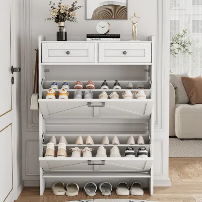 Mueble zapatero para entrada, zapatero estrecho estilo rústico con 2 cajones abatibles y cajones superiores, estantes ajustables y ganchos; organizador independiente con almacenamiento oculto para pasillo o recibidor. Ideas de regalo para el Día del Padre
