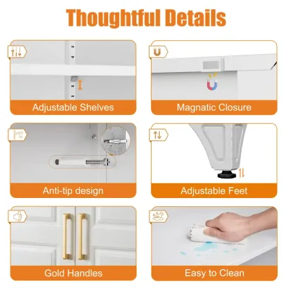 Armario cerrado con estructura metálica de 75 pulgadas: mueble rectangular para almacenamiento de alimentos con 5 estantes ajustables y extraíbles, 2 tiradores dorados y múltiples compartimentos; requiere montaje; mueble despensa moderno para coci