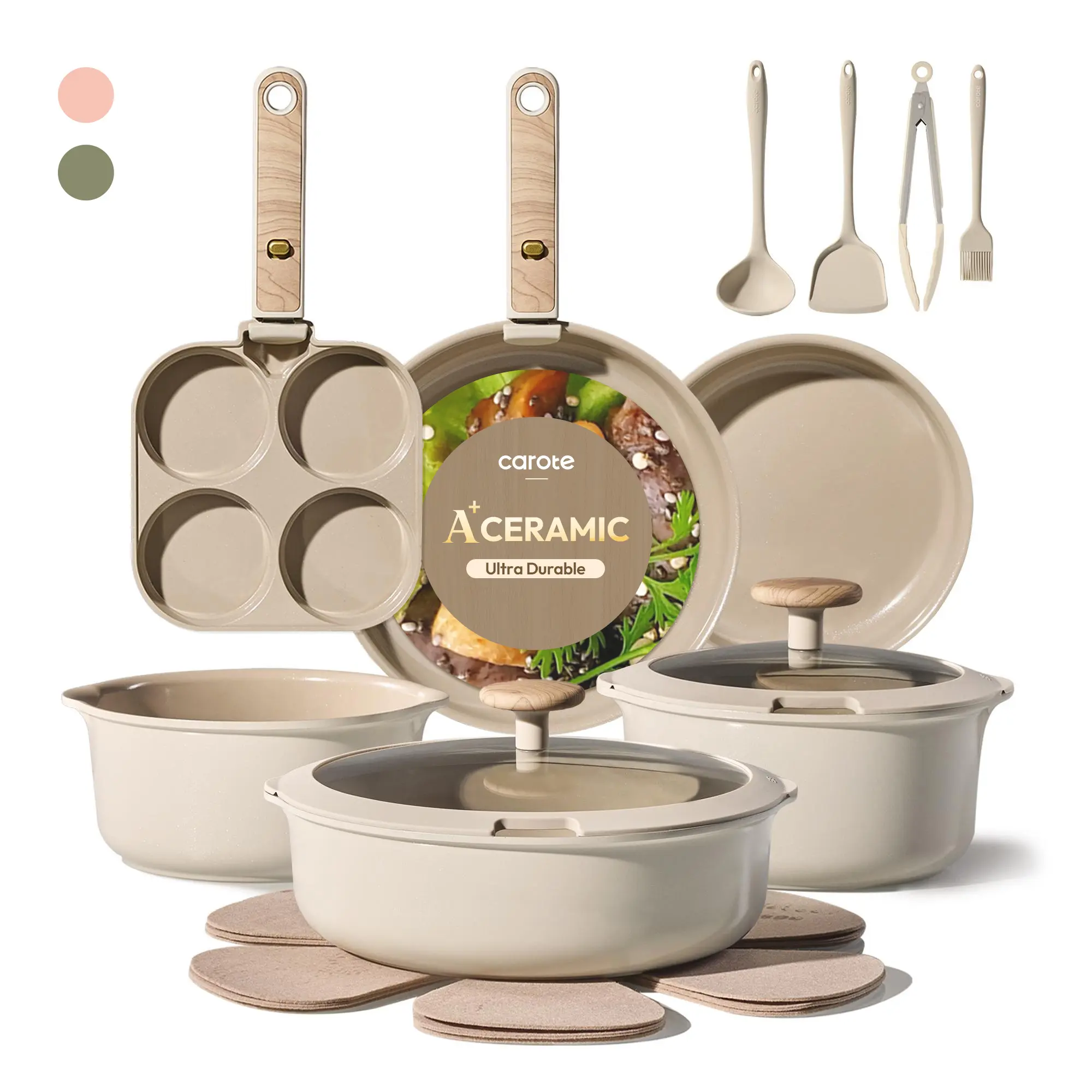Juego de utensilios de cocina de cerámica CAROTE de 19 piezas, antiadherentes, con mango desmontable, aptos para lavavajillas y con pico vertedor.
