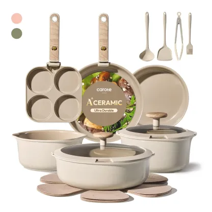 Juego de utensilios de cocina de cerámica CAROTE de 19 piezas, antiadherentes, con mango desmontable, aptos para lavavajillas y con pico vertedor.