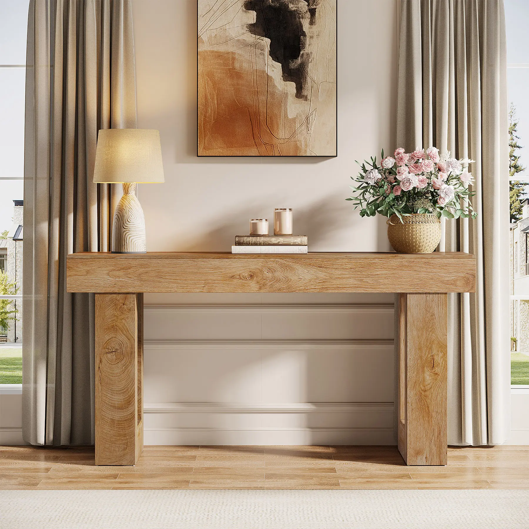 Mesa consola Tribesigns de 63 pulgadas de largo, mesa rectangular de madera para colocar detrás del sofá, mesa estilo granja para recibidor, pasillo o sala de estar (color natural), diseño moderno.