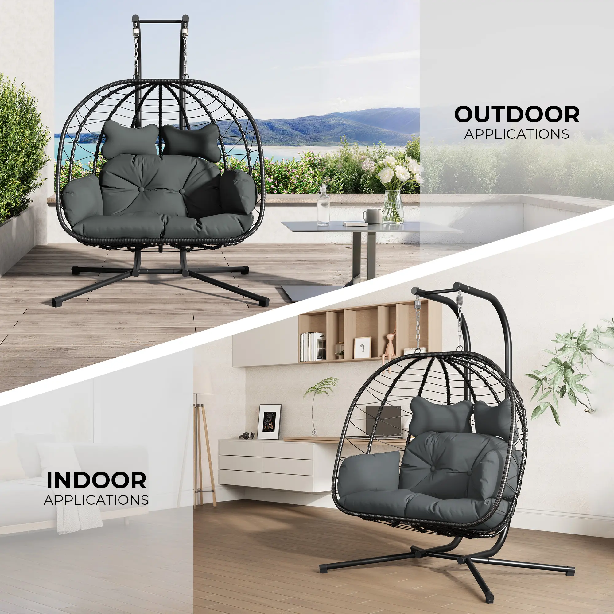 [dealsforyoudays] Silla Colgante Doble tipo Huevo con Soporte para Patio — Silla Columpio Colgante (Interior/Exterior) con Cojines, de Mimbre y Ratán — Capacidad de 700 lbs — Resistente al Agua y al Sol — Ideal para Balcones, Jardines y Porches — Regalo d