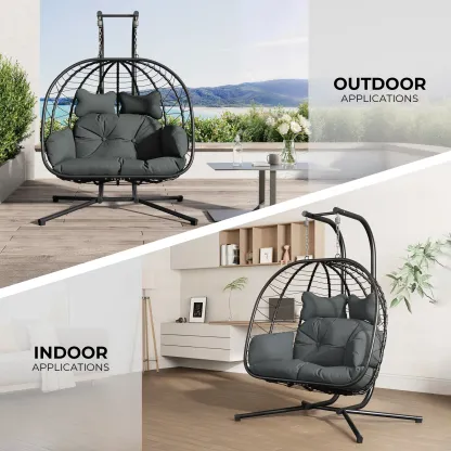 [dealsforyoudays] Silla Colgante Doble tipo Huevo con Soporte para Patio — Silla Columpio Colgante (Interior/Exterior) con Cojines, de Mimbre y Ratán — Capacidad de 700 lbs — Resistente al Agua y al Sol — Ideal para Balcones, Jardines y Porches — Regalo d