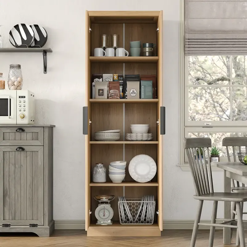 Armario despensero de cocina de 71 pulgadas de alto con estantes ajustables y puerta acanalada; mueble de 5 niveles para sala de estar, cocina, comedor o dormitorio (color roble)