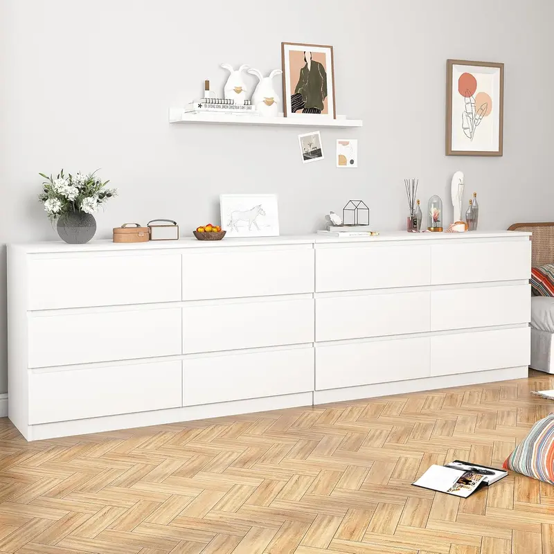 Cómoda moderna Spaco de 6 cajones para dormitorio (blanca): mueble ancho de madera con cajones profundos de deslizamiento suave; mueble de almacenamiento grande para interiores, ideal para apartamentos y decoración del hogar.