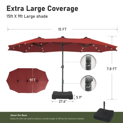 SOMBRILLA grande para patio exterior de 15 pies con base – Opción de luz LED, doble cara, manivela, impermeable
