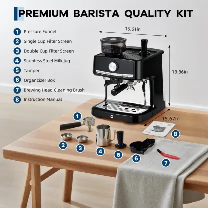 Cafetera espresso GARVEE de 20 bares de presión con molinillo, depósito de agua extraíble de 1,5 litros, espumador de leche y varilla de vapor para latte/capuchino (NEGRA, 20 bares, con molinillo)