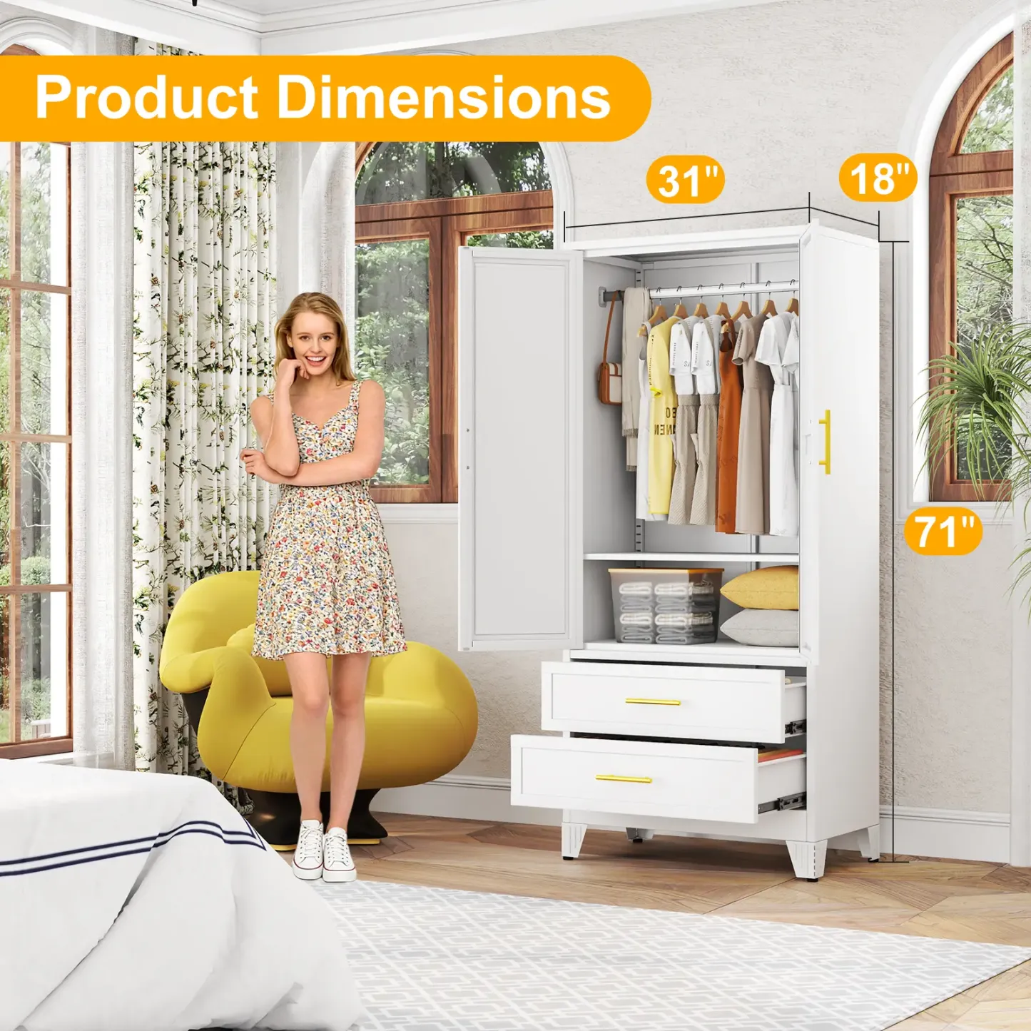 Armario metálico de 180 cm de altura para dormitorio con espejo, 2 cajones, estantes ajustables y barra para colgar ropa. Armario de acero para ropa y almacenamiento para dormitorio.