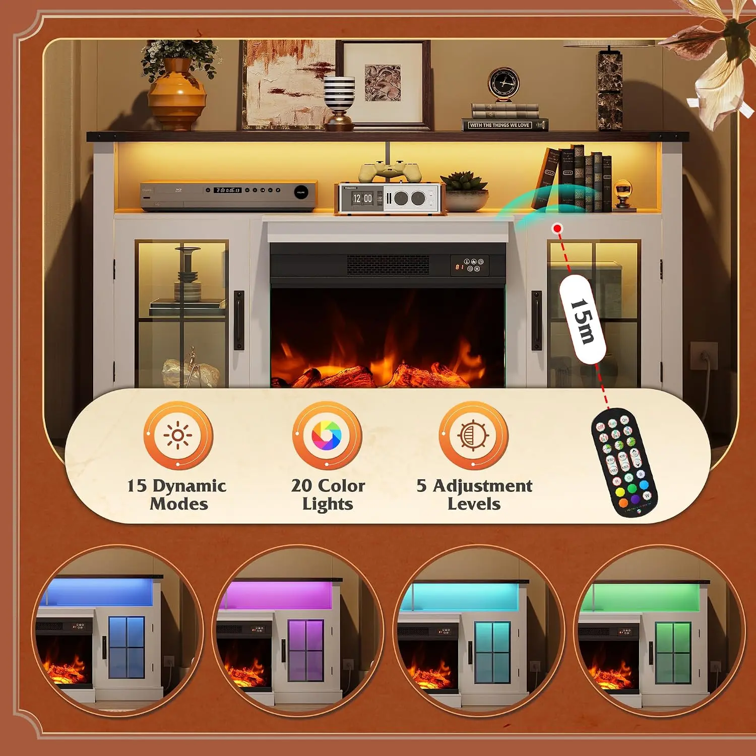 Mueble para TV WLIVE con chimenea eléctrica y vidrio en 3 lados para televisores de 65 pulgadas; centro de entretenimiento con 14 colores de llama y gabinetes de almacenamiento con iluminación LED ajustable; consola multimedia estilo rústico para sala de