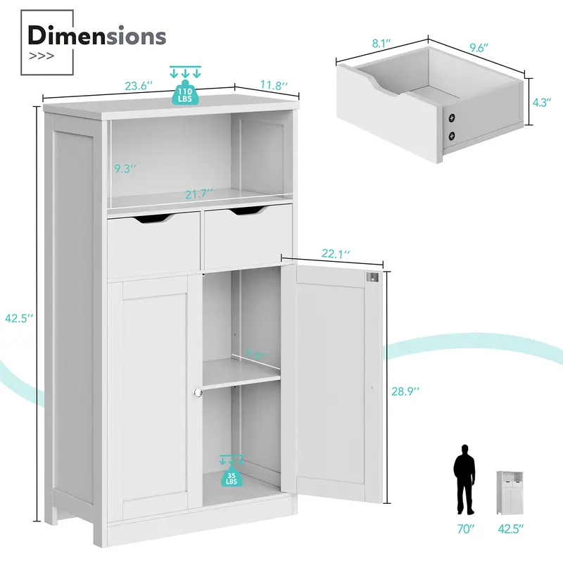 Armario de almacenamiento de suelo Walsunny, organizador con puertas y cajones; mueble auxiliar independiente tipo despensa con estante ajustable para cocina, lavandería, baño o sala de estar.