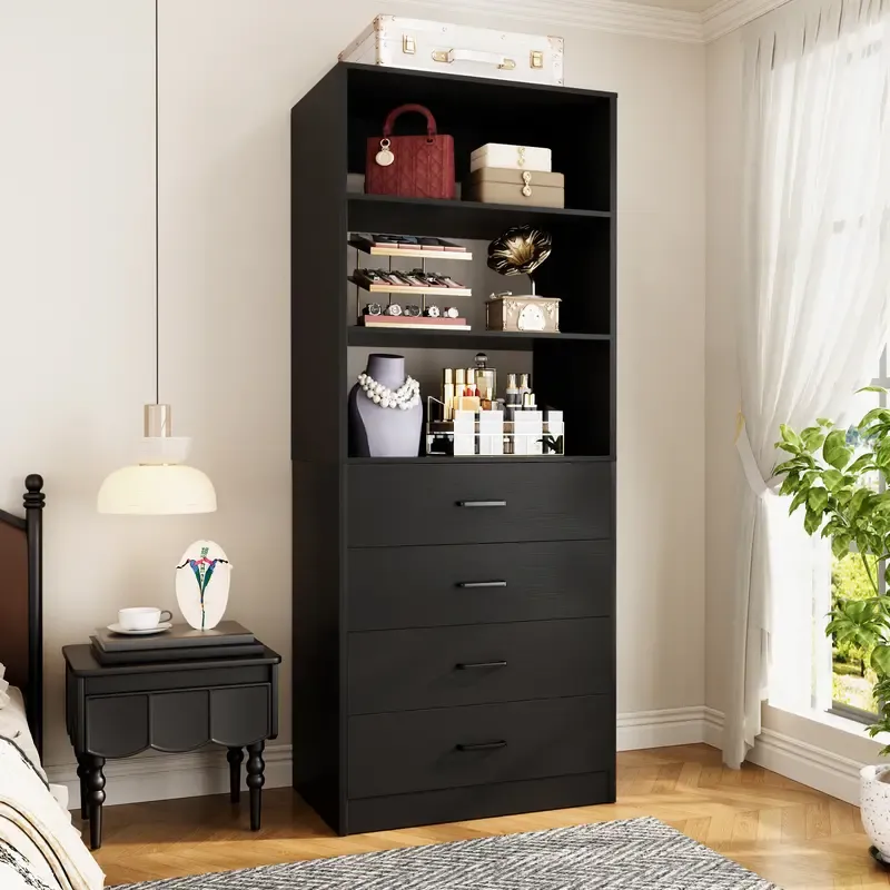 Sistema de vestidor moderno de 21,3 pulgadas: 4 cajones de madera, estantes de almacenamiento ajustables, armario estrecho y resistente con sistema antivuelco, organización personalizable para espacios pequeños, organizador de almacenamiento para dormitor