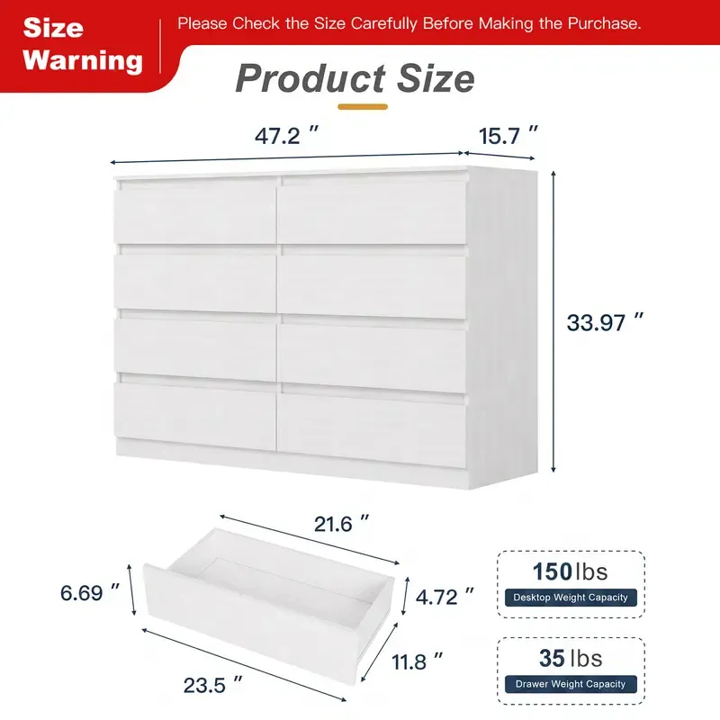 Cómoda moderna Spaco de 6 cajones para dormitorio (blanca): mueble ancho de madera con cajones profundos de deslizamiento suave; mueble de almacenamiento grande para interiores, ideal para apartamentos y decoración del hogar.