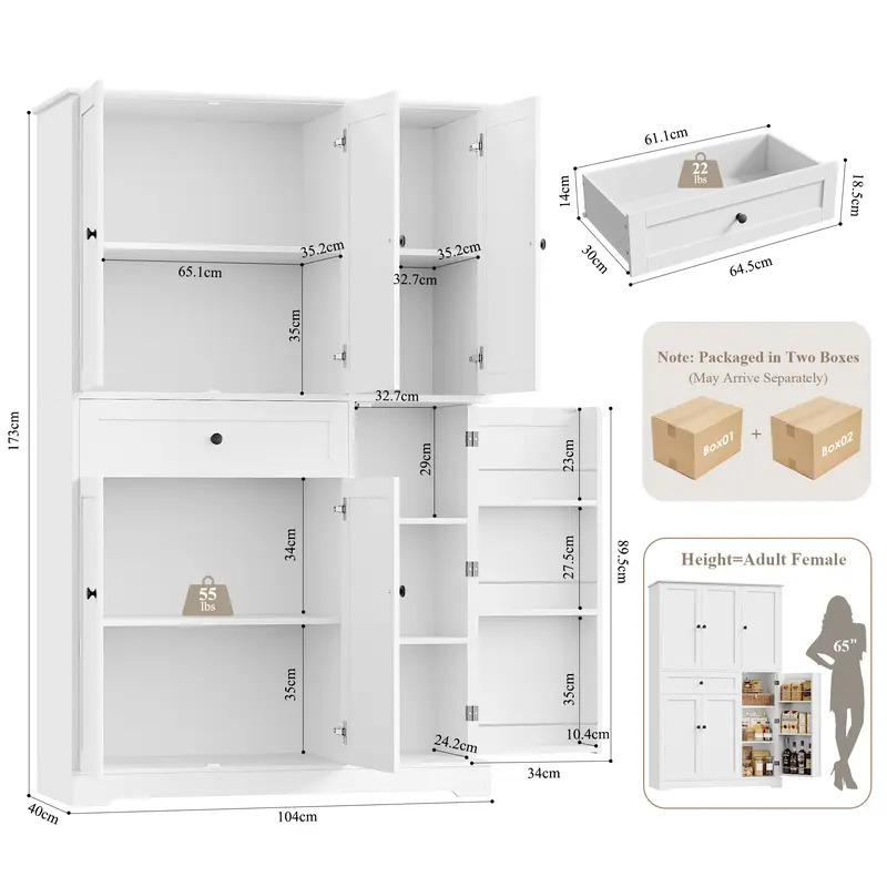 Armario despensero de cocina de 68 pulgadas de alto, mueble despensero moderno con puertas y estantes, despensa independiente con cajón de gran capacidad.