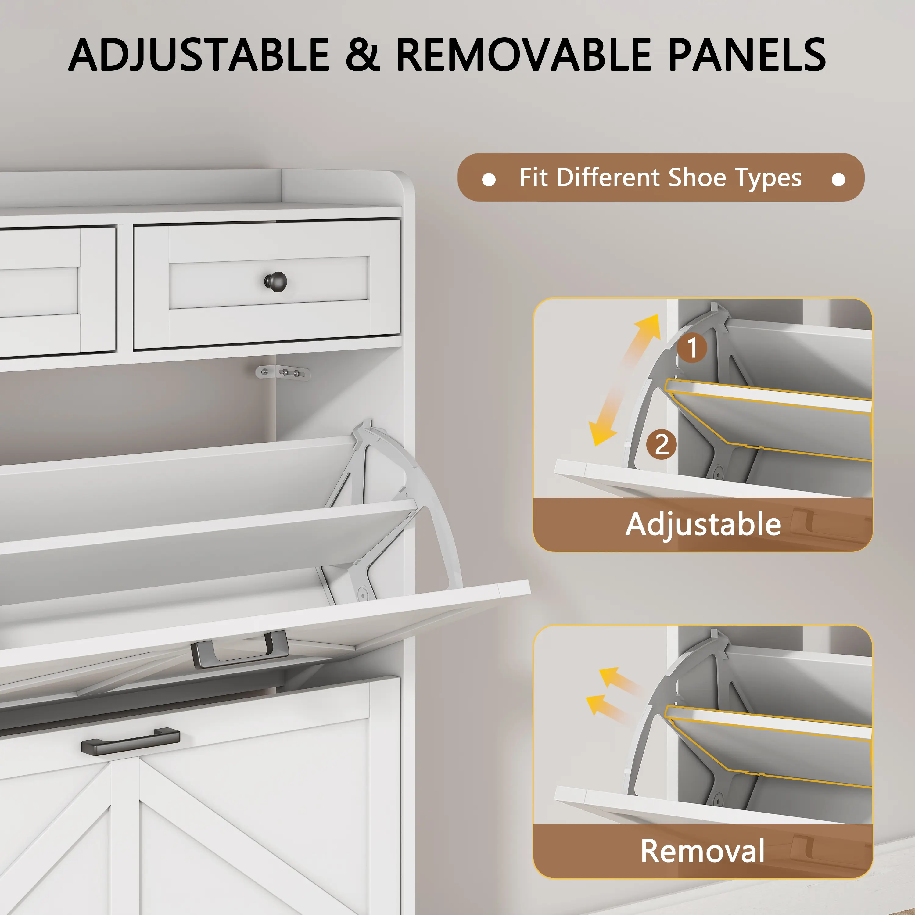 Mueble zapatero para entrada, zapatero estrecho estilo rústico con 2 cajones abatibles y cajones superiores, estantes ajustables y ganchos; organizador independiente con almacenamiento oculto para pasillo o recibidor. Ideas de regalo para el Día del Padre