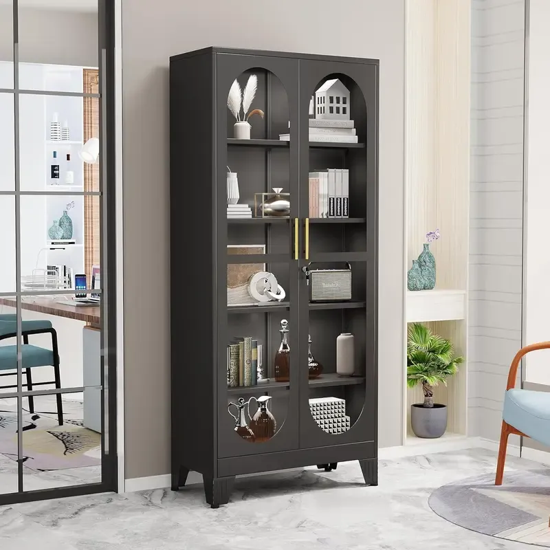 Vitrina metálica resistente de 180 cm de altura con puerta de cristal con cerradura, mueble de cinco niveles con cuatro estantes ajustables, ideal para bar en casa y almacenamiento de utensilios para vajilla, objetos de colección y archivos.