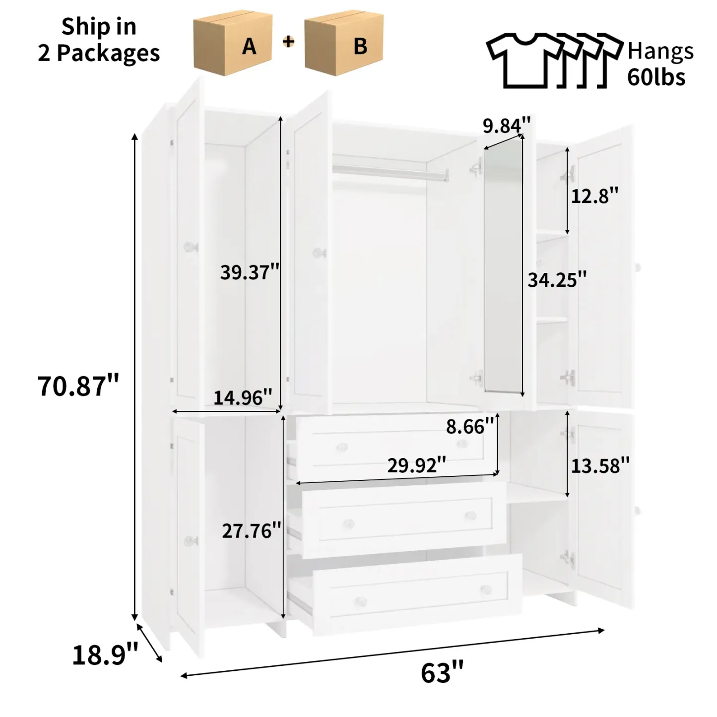 Armario grande de madera VOWNER de 4 puertas, armario alto para dormitorio, organizador de armario con 3 cajones grandes, espejo, barras para colgar ropa y estantes, armario de almacenamiento de ropa para dormitorio o lavadero.