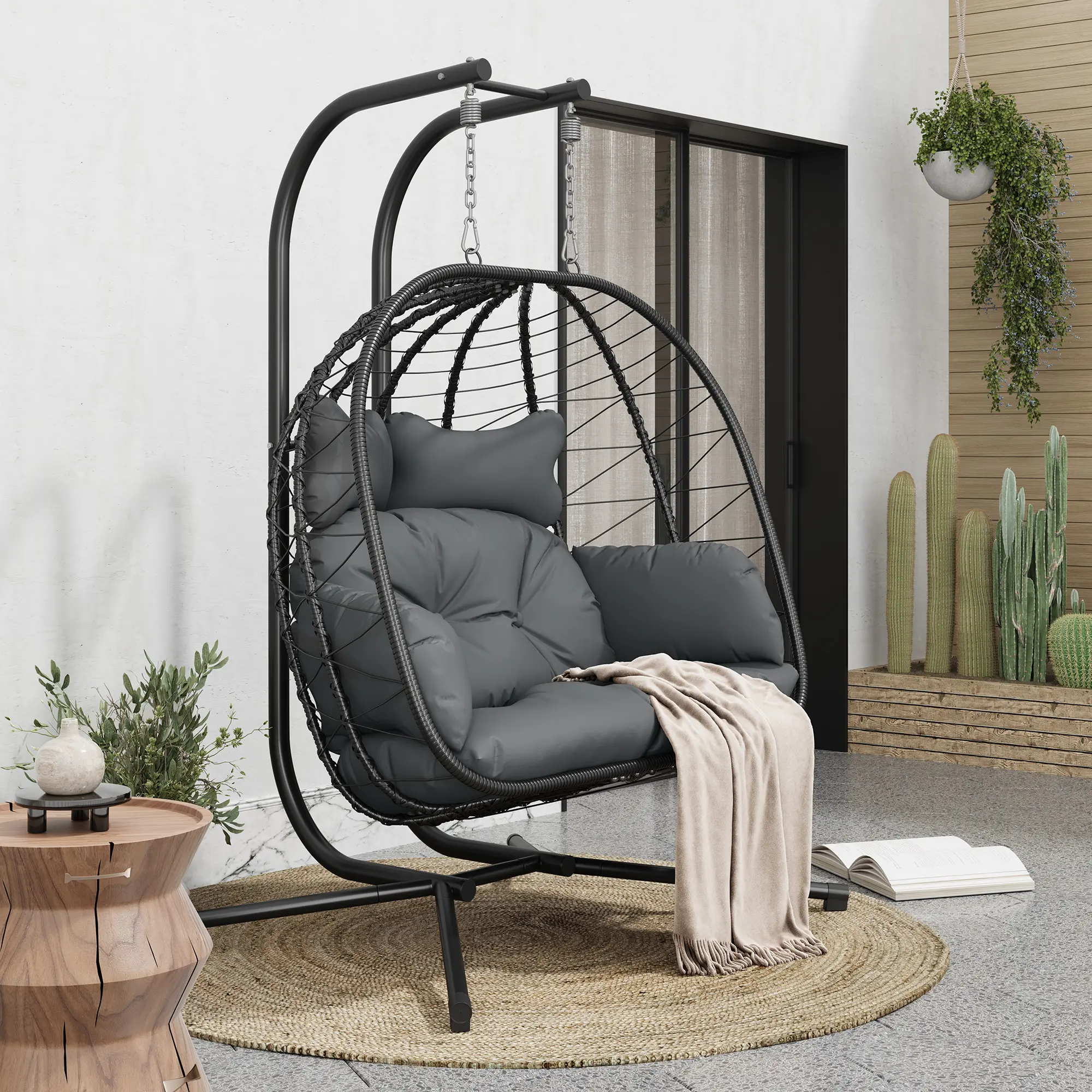 [dealsforyoudays] Silla Colgante Doble tipo Huevo con Soporte para Patio — Silla Columpio Colgante (Interior/Exterior) con Cojines, de Mimbre y Ratán — Capacidad de 700 lbs — Resistente al Agua y al Sol — Ideal para Balcones, Jardines y Porches — Regalo d