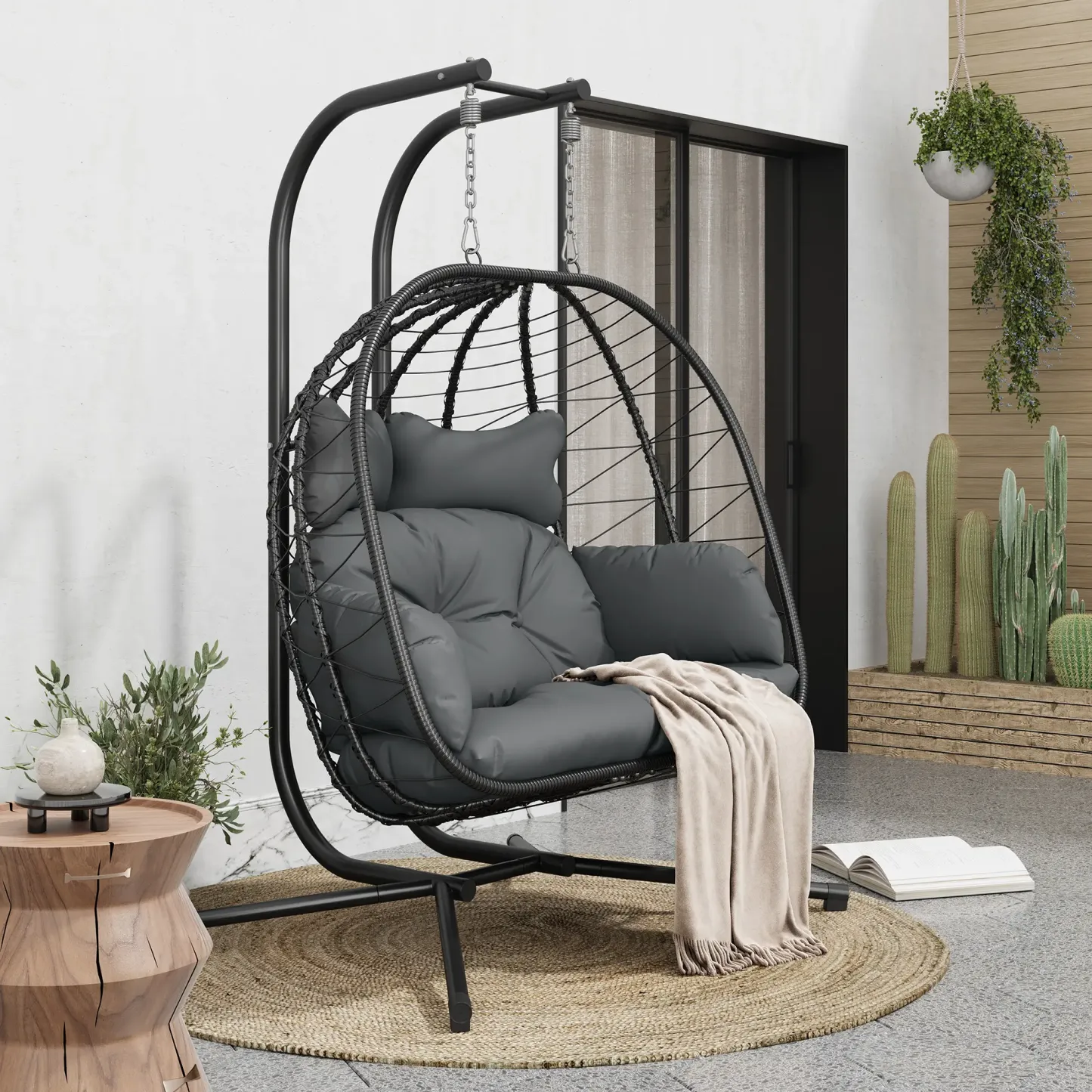[dealsforyoudays] Silla Colgante Doble tipo Huevo con Soporte para Patio — Silla Columpio Colgante (Interior/Exterior) con Cojines, de Mimbre y Ratán — Capacidad de 700 lbs — Resistente al Agua y al Sol — Ideal para Balcones, Jardines y Porches — Regalo d
