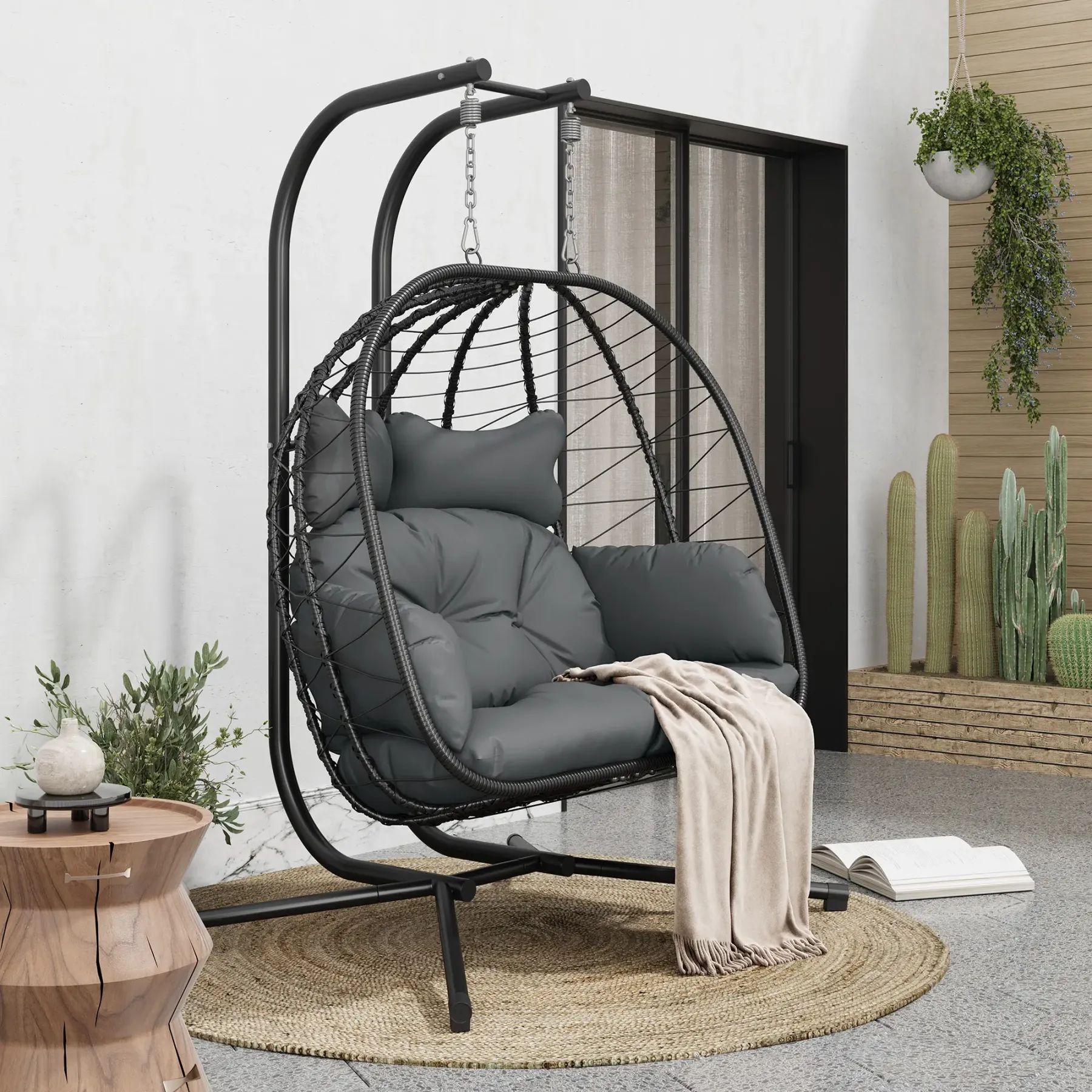 [dealsforyoudays] Silla Colgante Doble tipo Huevo con Soporte para Patio — Silla Columpio Colgante (Interior/Exterior) con Cojines, de Mimbre y Ratán — Capacidad de 700 lbs — Resistente al Agua y al Sol — Ideal para Balcones, Jardines y Porches — Regalo d