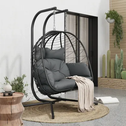 [dealsforyoudays] Silla Colgante Doble tipo Huevo con Soporte para Patio — Silla Columpio Colgante (Interior/Exterior) con Cojines, de Mimbre y Ratán — Capacidad de 700 lbs — Resistente al Agua y al Sol — Ideal para Balcones, Jardines y Porches — Regalo d