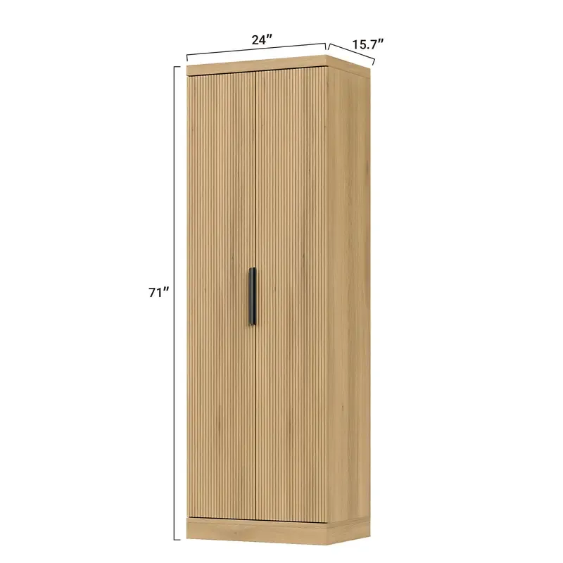 Armario despensero de cocina de 71 pulgadas de alto con estantes ajustables y puerta acanalada; mueble de 5 niveles para sala de estar, cocina, comedor o dormitorio (color roble)