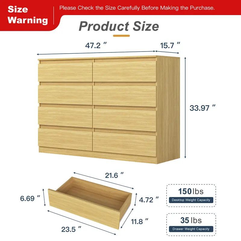 Cómoda moderna Spaco de 6 cajones para dormitorio (blanca): mueble ancho de madera con cajones profundos de deslizamiento suave; mueble de almacenamiento grande para interiores, ideal para apartamentos y decoración del hogar.