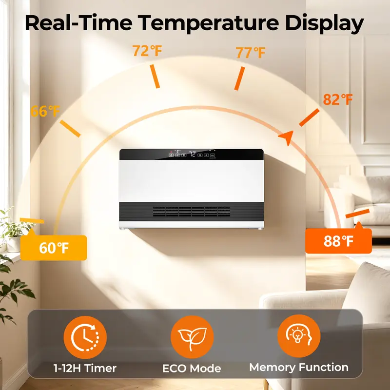Calefactor de pared 2 en 1 R.W.FLAME de 1300 W, con potencia calorífica ajustable, control termostático y conexión a la red eléctrica.