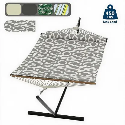 Hamaca doble con soporte incluido - Hamaca resistente de 215 kg para 2 personas con almohadilla y almohada de tela acolchada - Barra separadora de madera dura y soporte de acero portátil de 3,6 m para jardín, patio e interiores