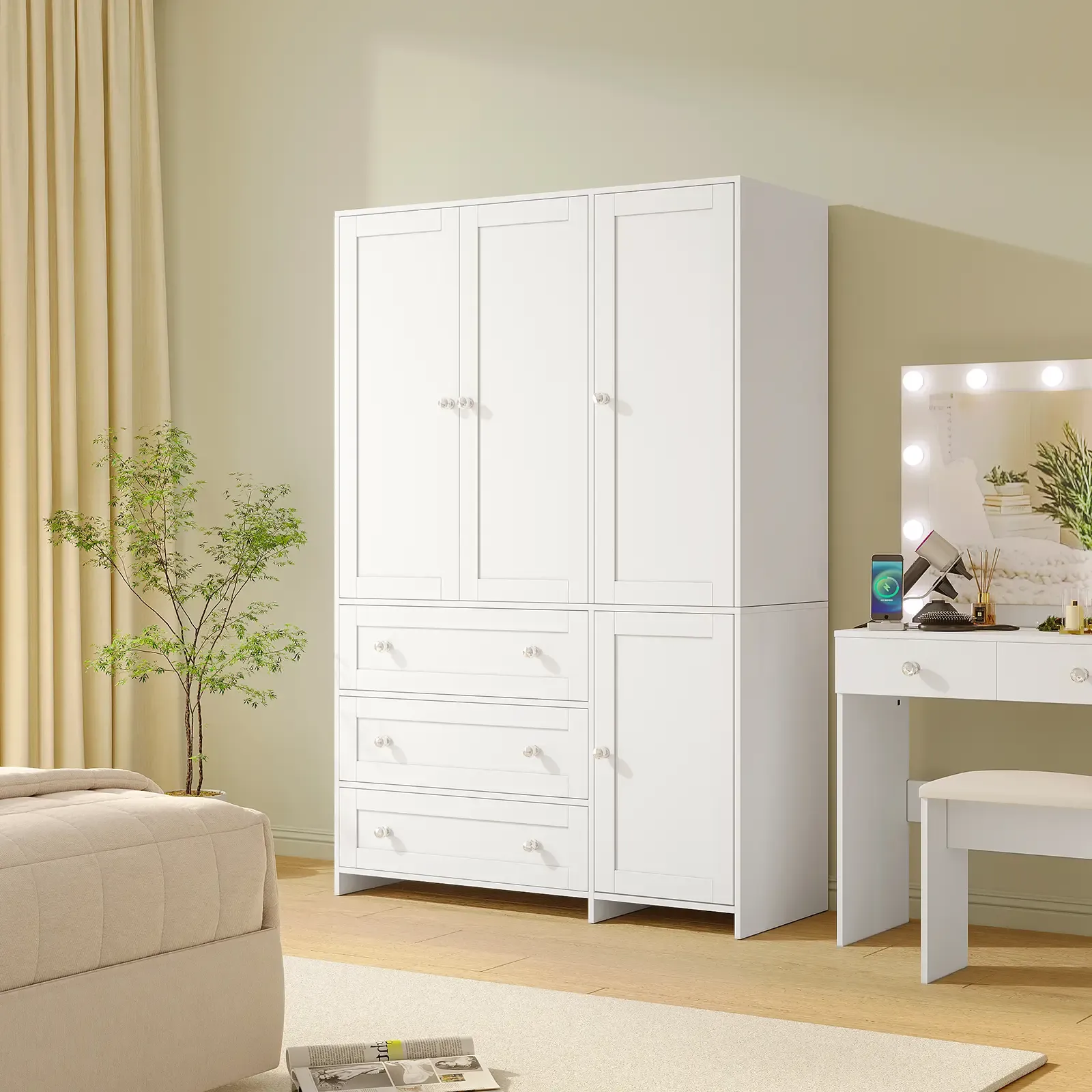 Armario de madera VOWNER, mueble de almacenamiento con 3 puertas y barra para colgar ropa, ideal para dormitorios. Armario alto independiente de gran capacidad con estantes.