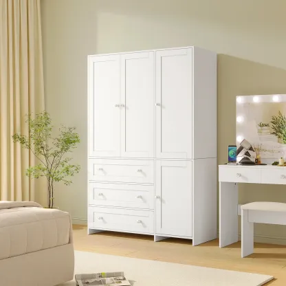 Armario de madera VOWNER, mueble de almacenamiento con 3 puertas y barra para colgar ropa, ideal para dormitorios. Armario alto independiente de gran capacidad con estantes.