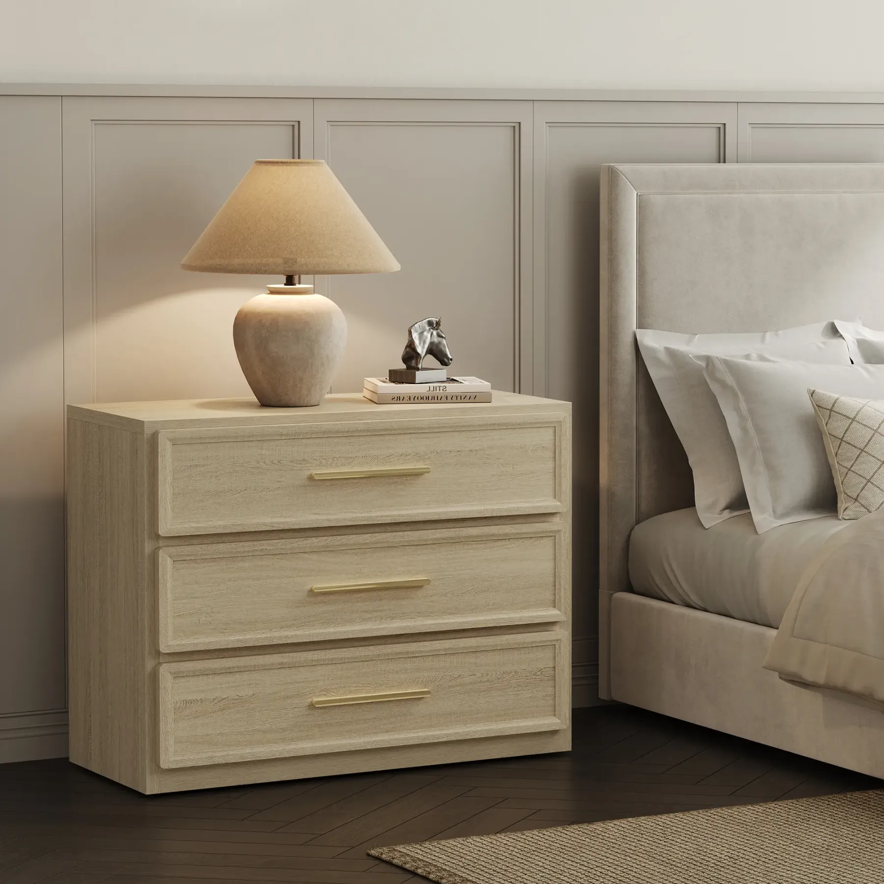 Mesita de noche alta extragrande SICOTAS con 3 cajones de almacenamiento y tiradores dorados, mesa auxiliar moderna para el hogar/dormitorio, ideal para la mesita de noche o la habitación infantil. Requiere montaje. Mueble de interior impermeable.