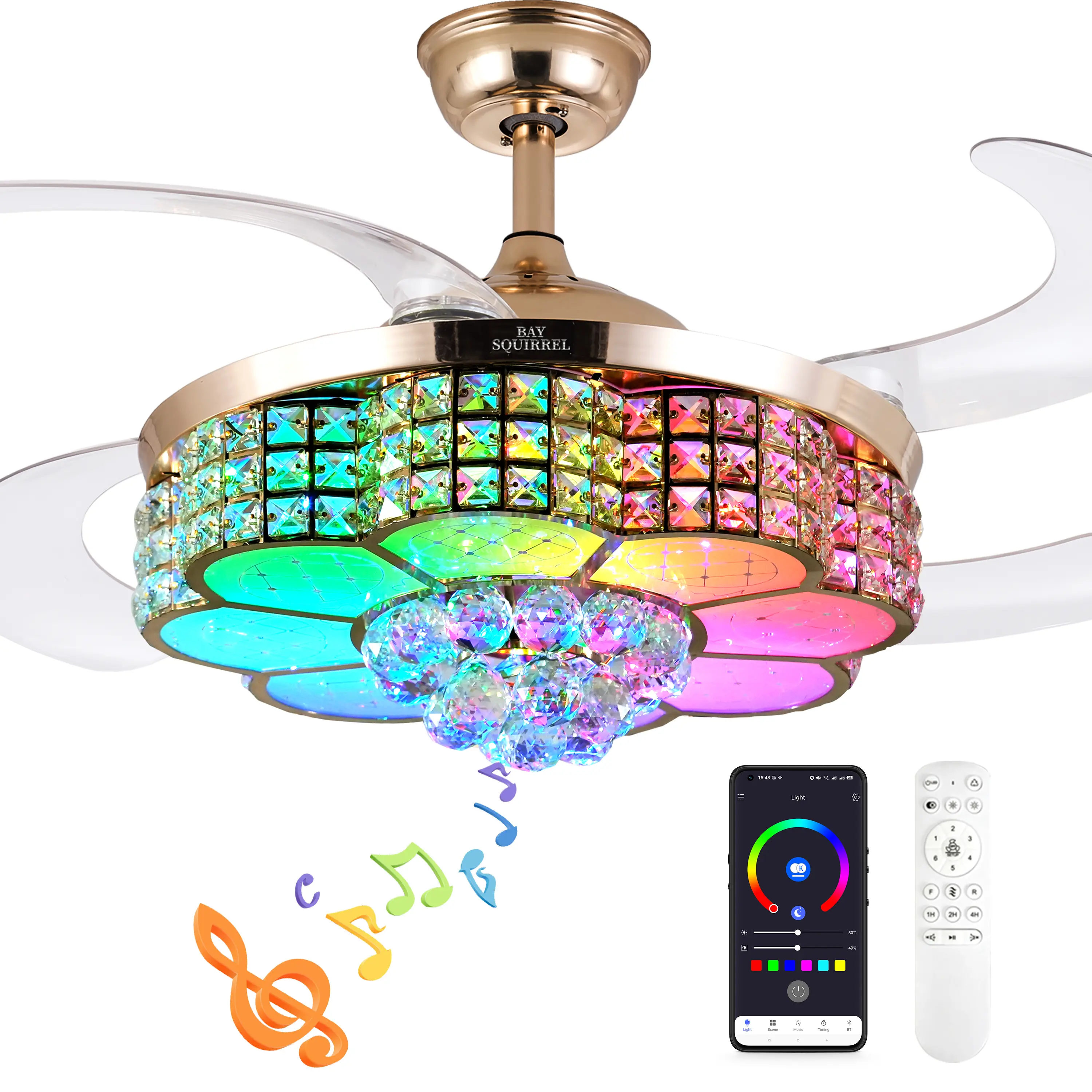 Ventilador de techo retráctil BAYSQUIRREL con altavoz y luces RGB