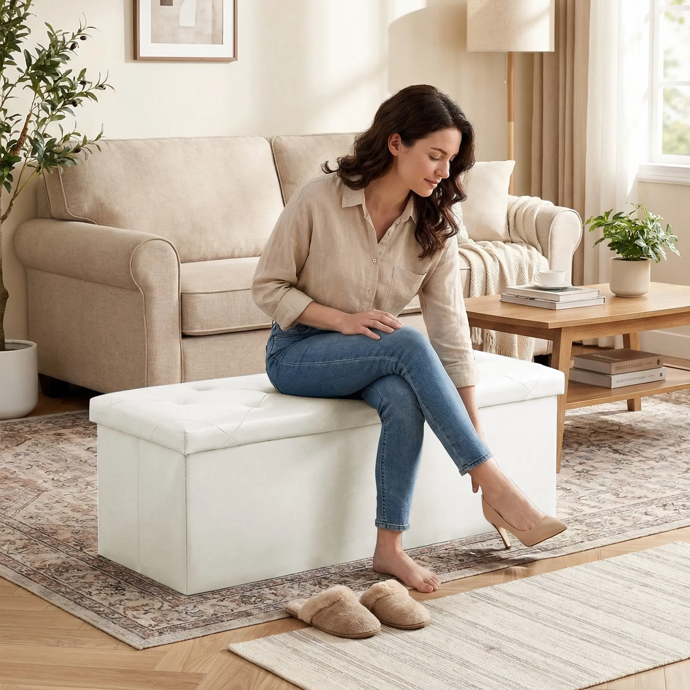 Banco otomano de almacenamiento plegable y reposapiés con asiento acolchado; gran baúl para juguetes con asiento; soporta hasta 660 libras (aprox. 300 kg) – Gris