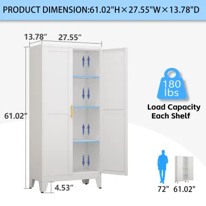 Armario despensero de metal con 2 puertas y estantes ajustables. Disponible en cuatro tamaños: 47", 61", 71" y 75". Armario de almacenamiento para cocina con tiradores dorados: solución versátil para cocina, baño, comedor o cuarto de servicio.