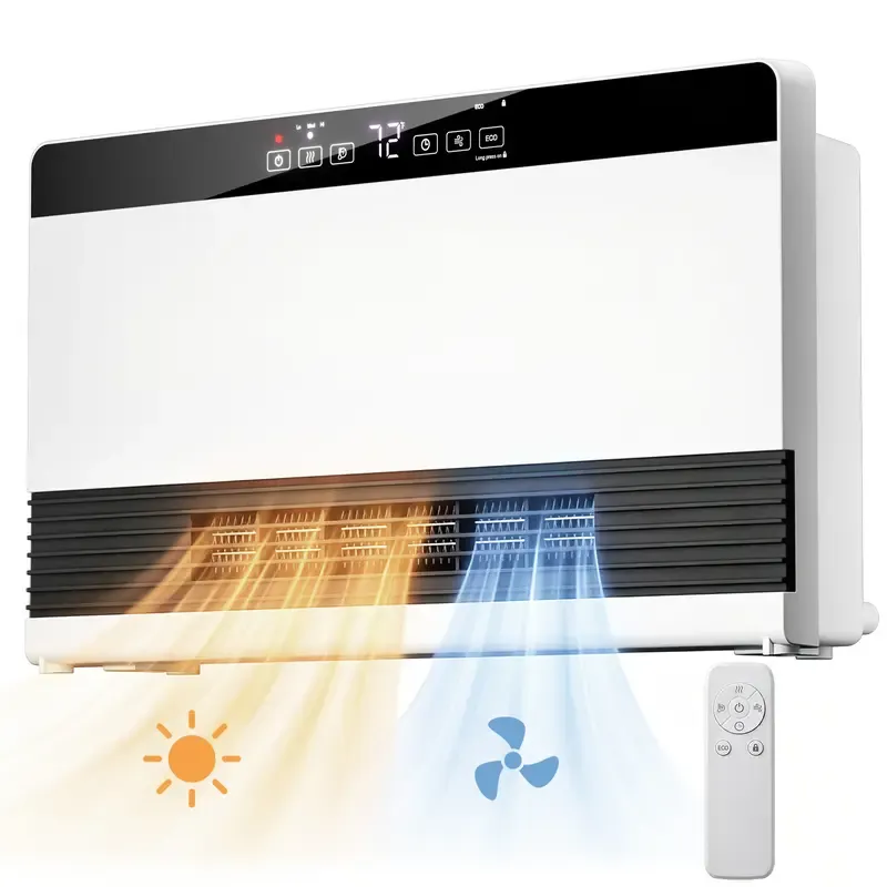 Calefactor de pared 2 en 1 R.W.FLAME de 1300 W, con potencia calorífica ajustable, control termostático y conexión a la red eléctrica.