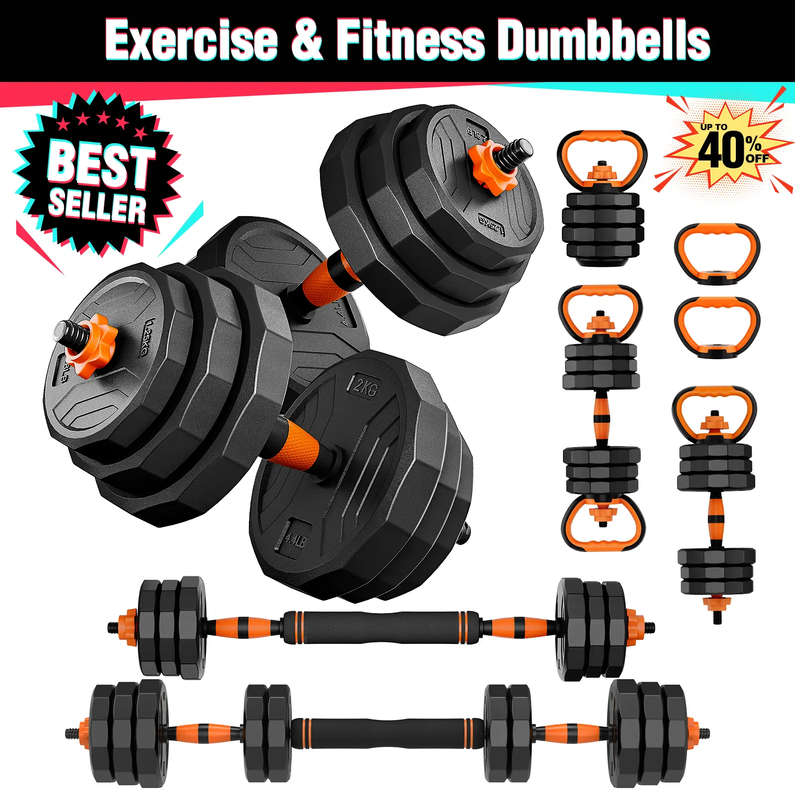 Juego de mancuernas ajustables (44/66/88 lbs) — Úselo como mancuerna, barra, pesa rusa y soporte para flexiones. Pesas para ejercicios en casa. Idea de regalo de Navidad: Equipo de fitness multifuncional para gimnasio en casa — SummerVibes
