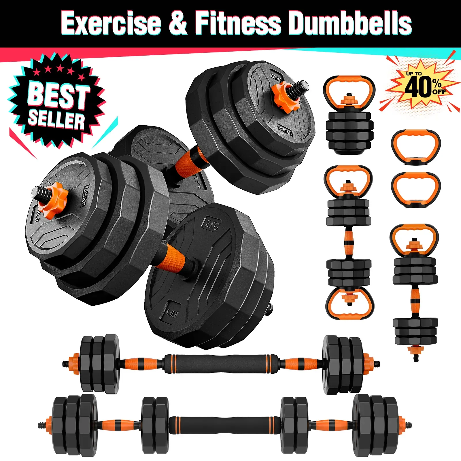 Juego de mancuernas ajustables (44/66/88 lbs) — Úselo como mancuerna, barra, pesa rusa y soporte para flexiones. Pesas para ejercicios en casa. Idea de regalo de Navidad: Equipo de fitness multifuncional para gimnasio en casa — SummerVibes