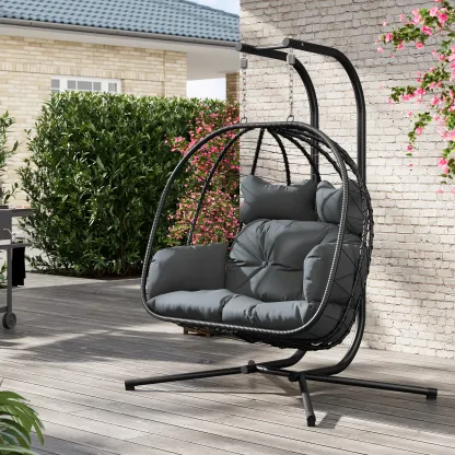 [dealsforyoudays] Silla Colgante Doble tipo Huevo con Soporte para Patio — Silla Columpio Colgante (Interior/Exterior) con Cojines, de Mimbre y Ratán — Capacidad de 700 lbs — Resistente al Agua y al Sol — Ideal para Balcones, Jardines y Porches — Regalo d