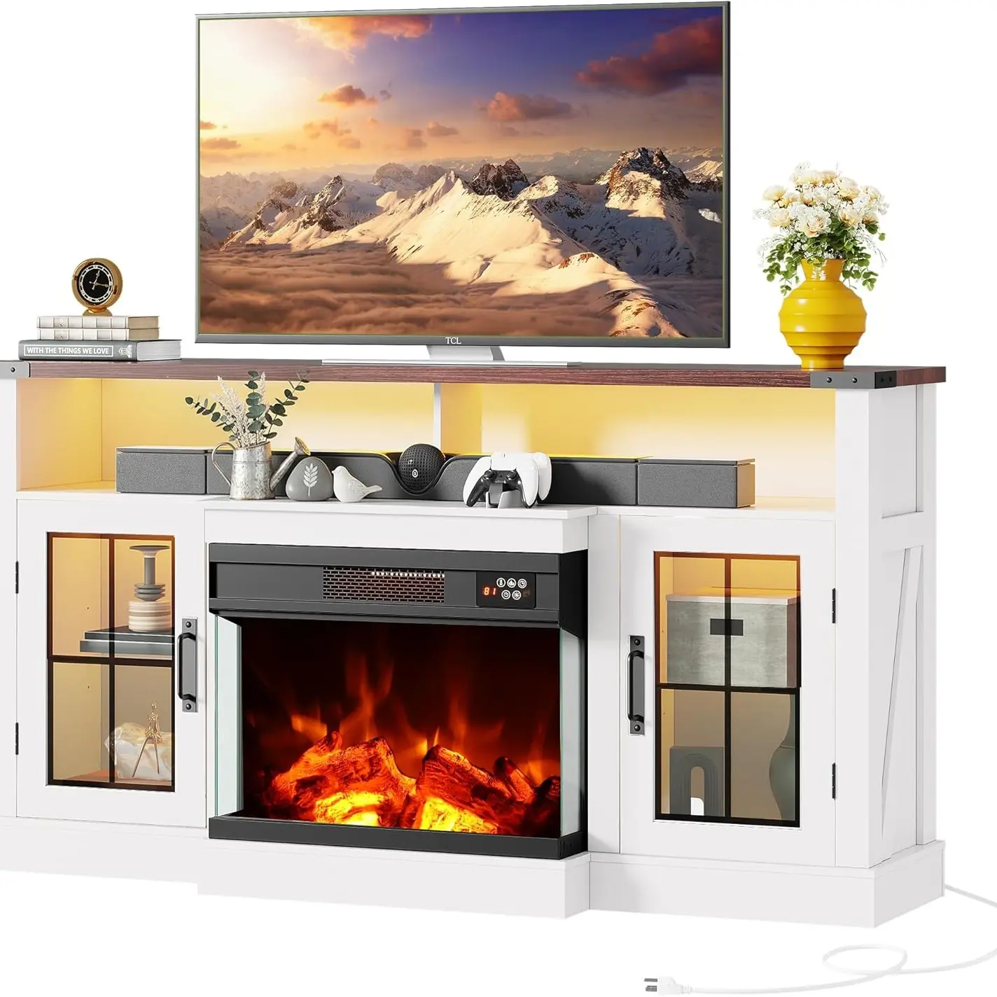 Mueble para TV WLIVE con chimenea eléctrica y vidrio en 3 lados para televisores de 65 pulgadas; centro de entretenimiento con 14 colores de llama y gabinetes de almacenamiento con iluminación LED ajustable; consola multimedia estilo rústico para sala de