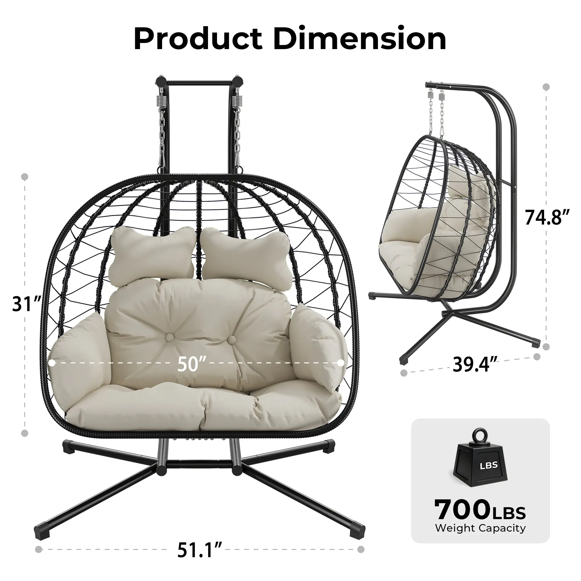 [dealsforyoudays] Silla Colgante Doble tipo Huevo con Soporte para Patio — Silla Columpio Colgante (Interior/Exterior) con Cojines, de Mimbre y Ratán — Capacidad de 700 lbs — Resistente al Agua y al Sol — Ideal para Balcones, Jardines y Porches — Regalo d