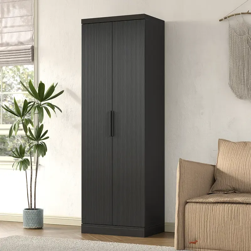 Armario despensero de cocina de 71 pulgadas de alto con estantes ajustables y puerta acanalada; mueble de 5 niveles para sala de estar, cocina, comedor o dormitorio (color roble)