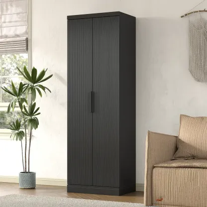 Armario despensero de cocina de 71 pulgadas de alto con estantes ajustables y puerta acanalada; mueble de 5 niveles para sala de estar, cocina, comedor o dormitorio (color roble)