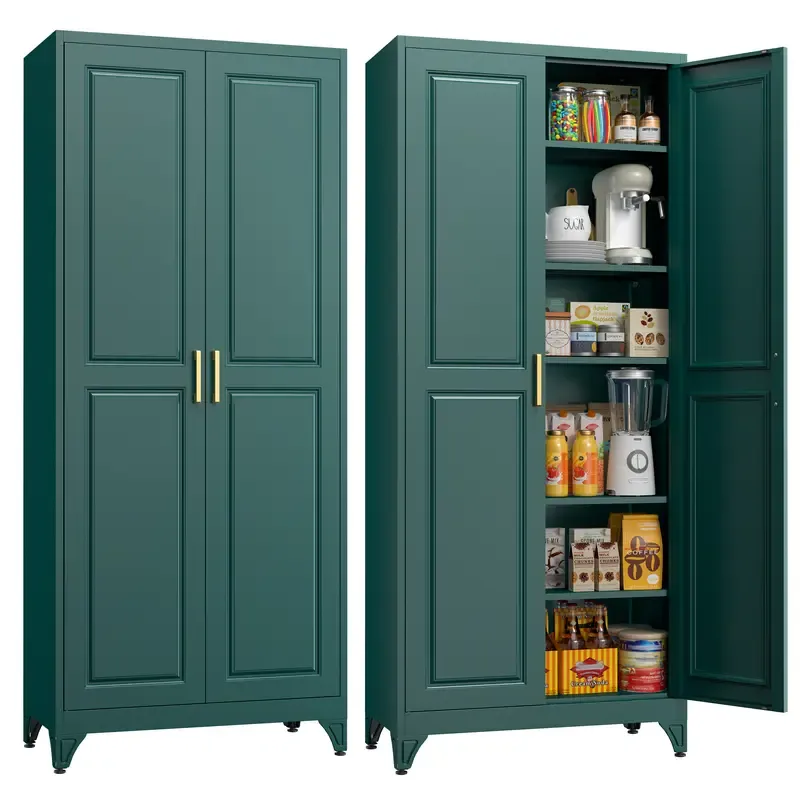 Armario cerrado con estructura metálica de 75 pulgadas: mueble rectangular para almacenamiento de alimentos con 5 estantes ajustables y extraíbles, 2 tiradores dorados y múltiples compartimentos; requiere montaje; mueble despensa moderno para coci